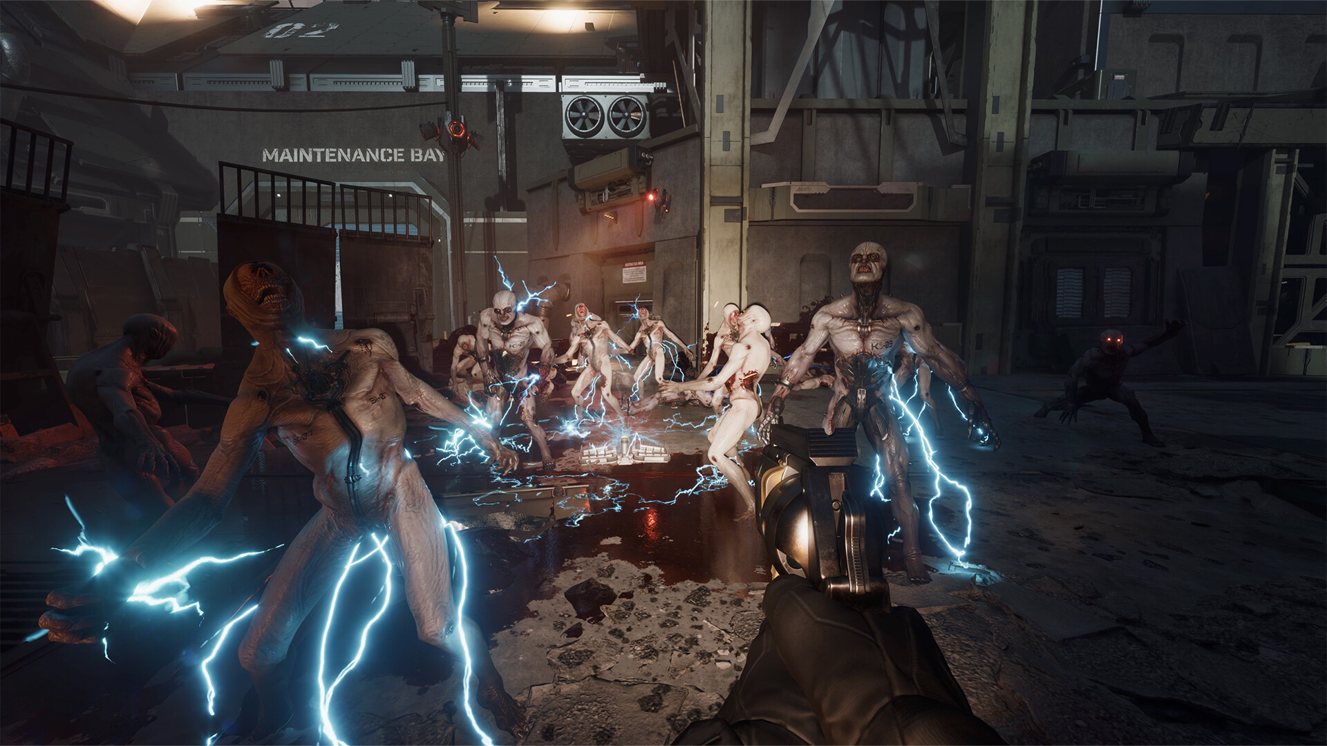 A group of zombies being electrified in a puddle of blood in Killing Floor 3. A group of zombies being electrified in a puddle of blood in Killing Floor 3.