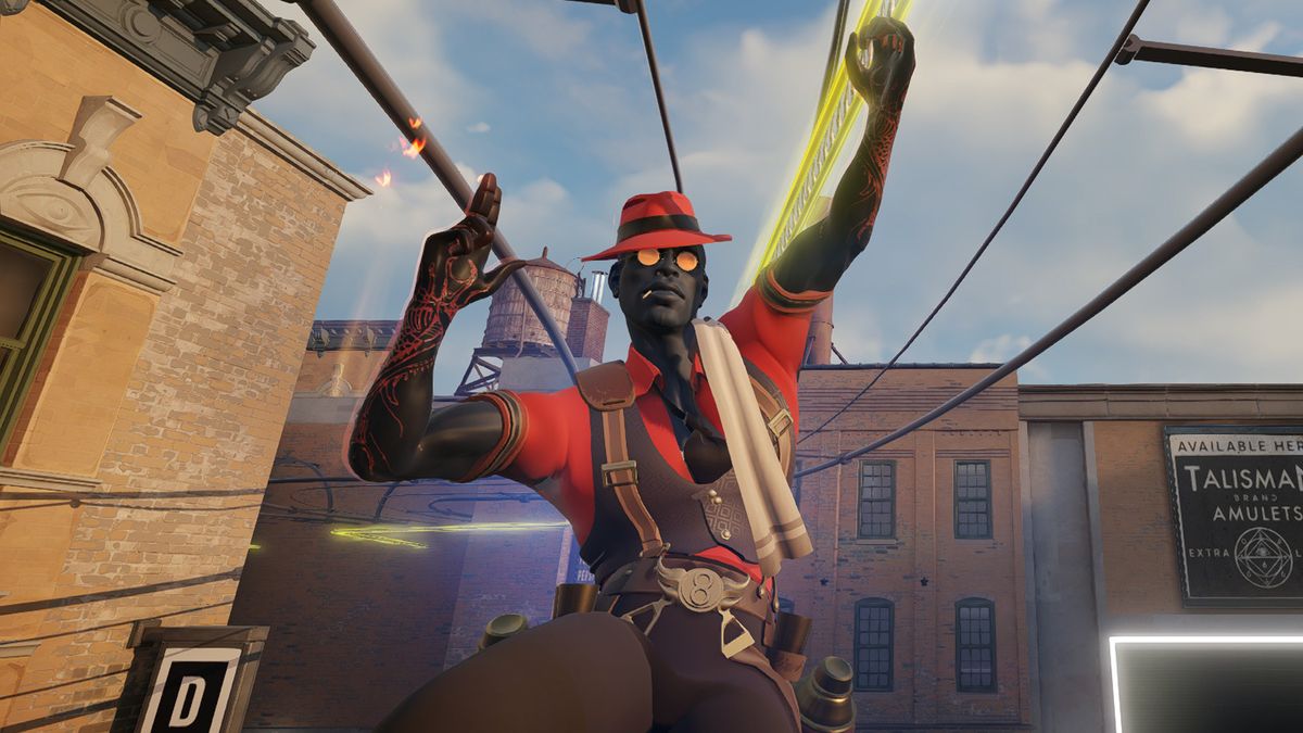 A stylized character wearing a red shirt, red fedora, and black vest holds up a finger gun, looking cool, in Valve’s Deadlock A stylized character wearing a red shirt, red fedora, and black vest holds up a finger gun, looking cool, in Valve’s Deadlock