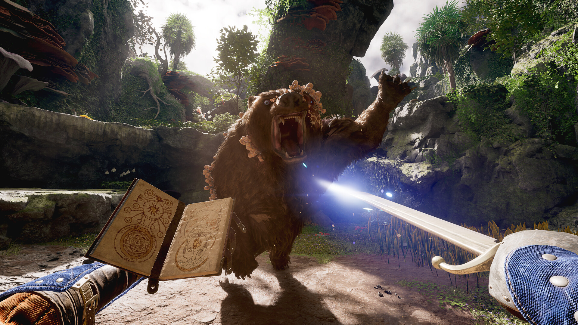 A screenshot from Avowed of the player’s character wielding a sword and a spellbook against an oncoming bear-like creature. A screenshot from Avowed of the player’s character wielding a sword and a spellbook against an oncoming bear-like creature.