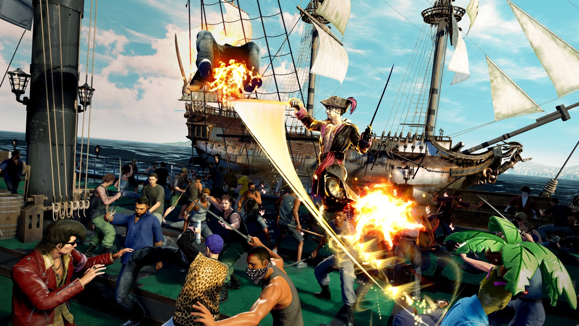 A screenshot of Goro Majima clad in a pirate uniform fighting on the deck of a ship in Like a Dragon: Pirate Yakuza in Hawaii. A screenshot of Goro Majima clad in a pirate uniform fighting on the deck of a ship in Like a Dragon: Pirate Yakuza in Hawaii.