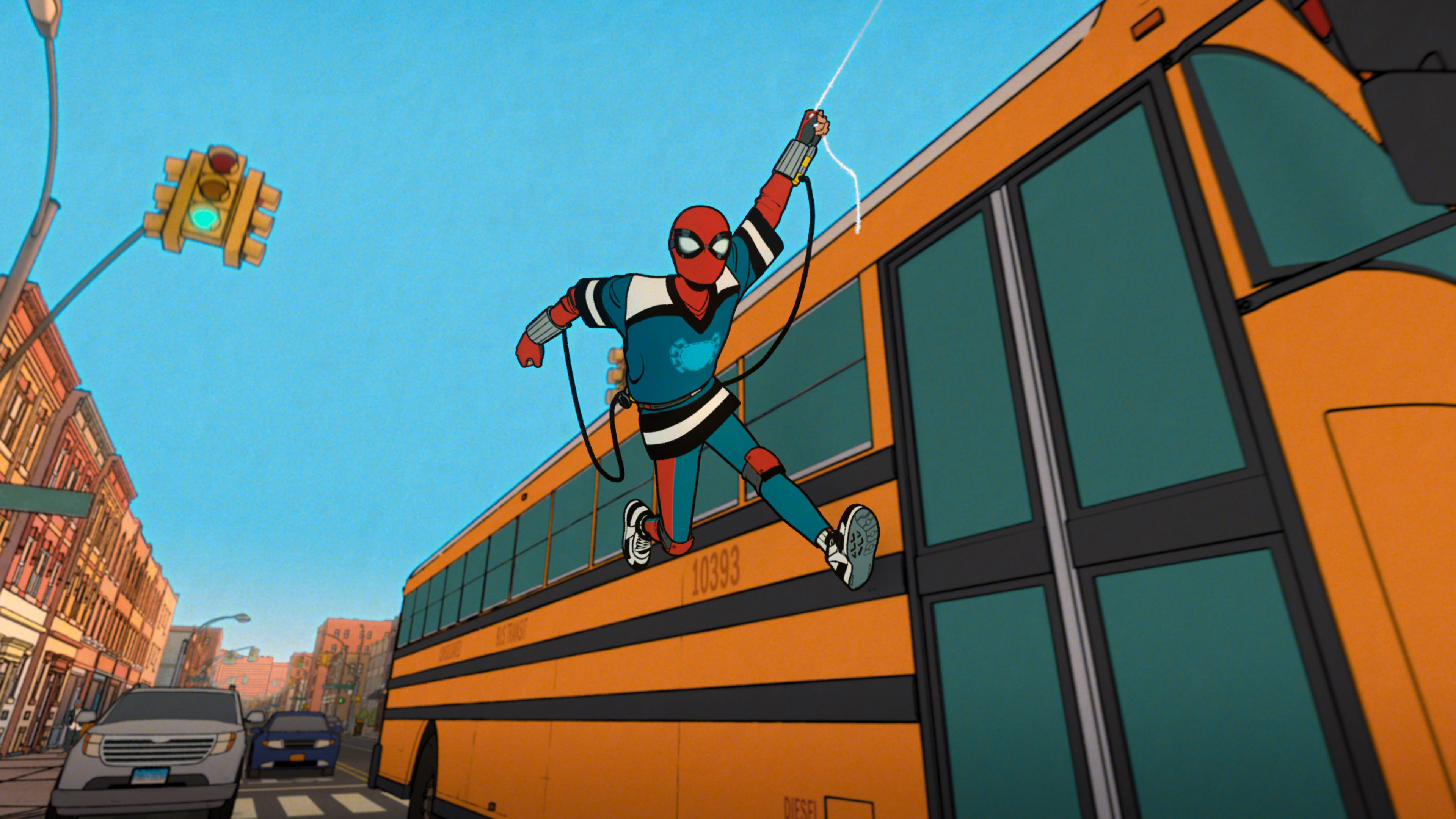 Spider-Man runs along a bus in Your Friendly Neighborhood Spider-Man 