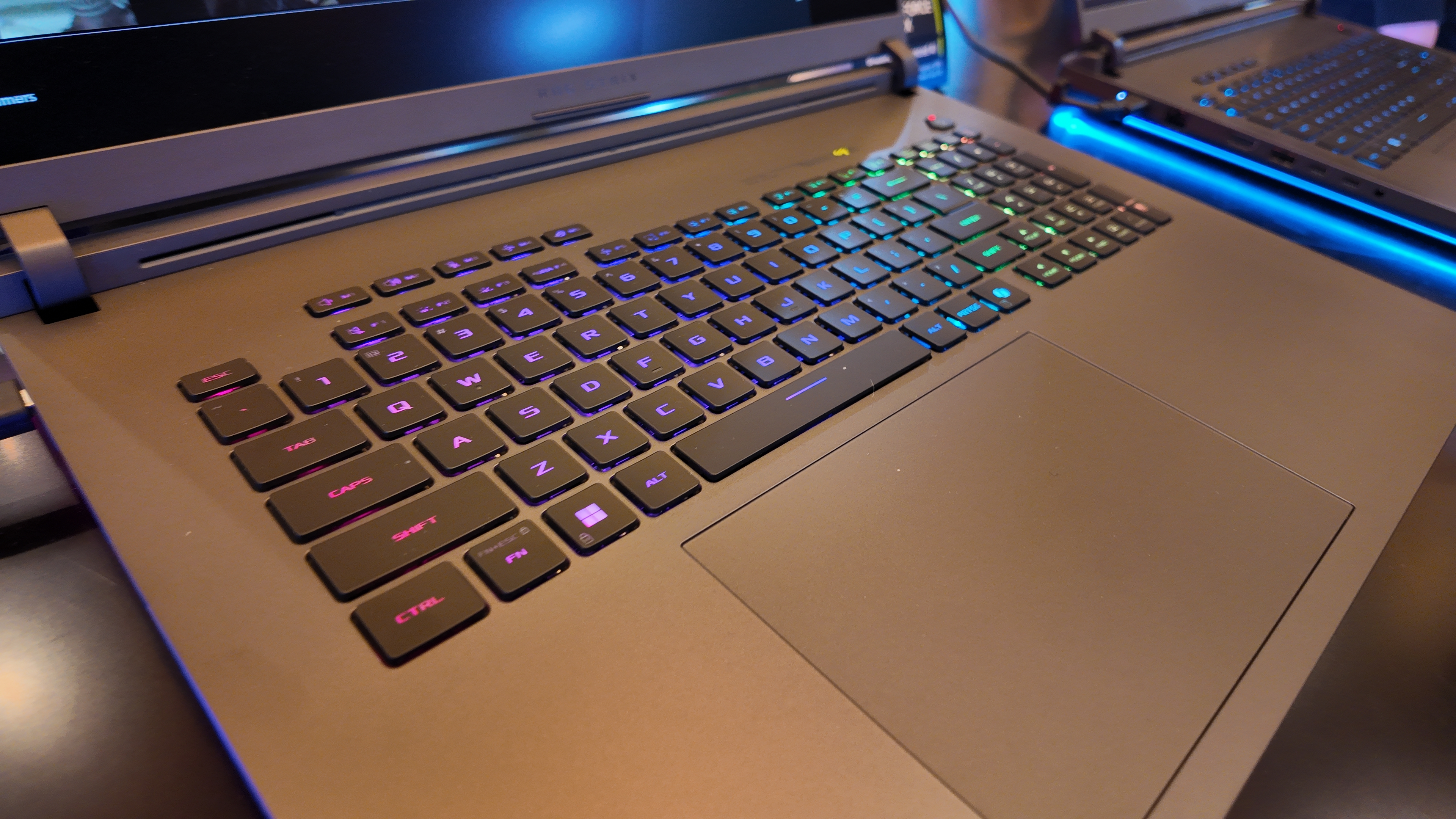 The keyboard deck of the Asus ROG Strix Scar 18.