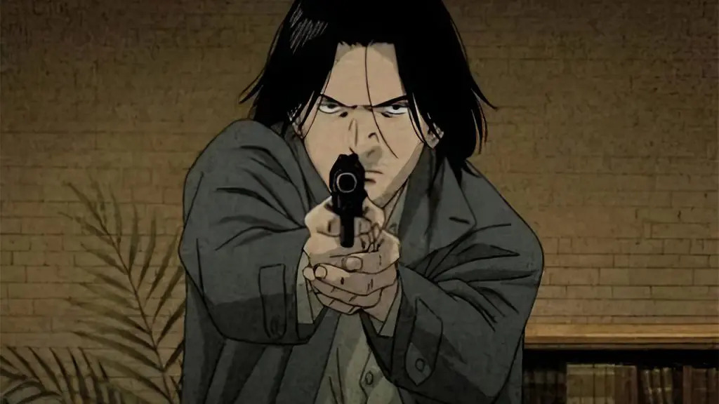 A dark, long-haired anime man in a grey jacket holding and aiming a pistol with both of his hands A dark, long-haired anime man in a grey jacket holding and aiming a pistol with both of his hands