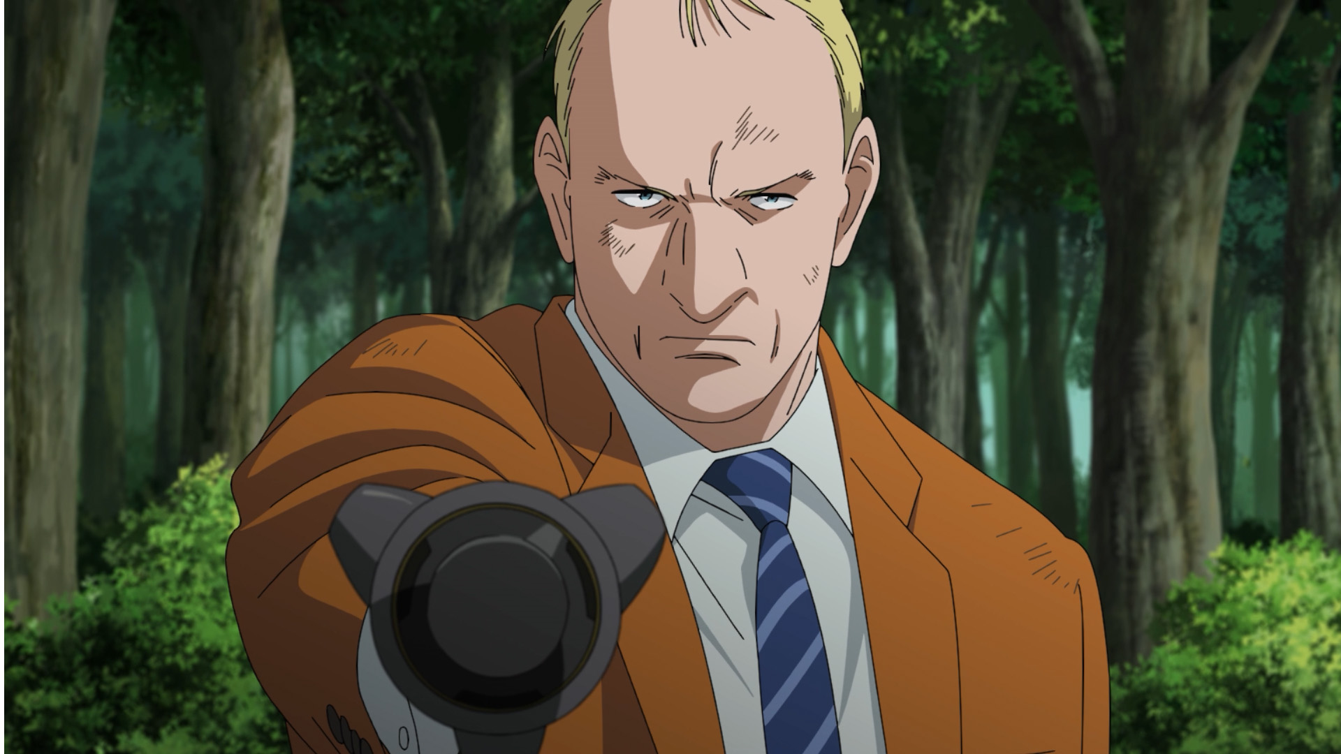 Inspector Gesicht aiming an arm-mounted projectile canon in a forest. Inspector Gesicht aiming an arm-mounted projectile canon in a forest.