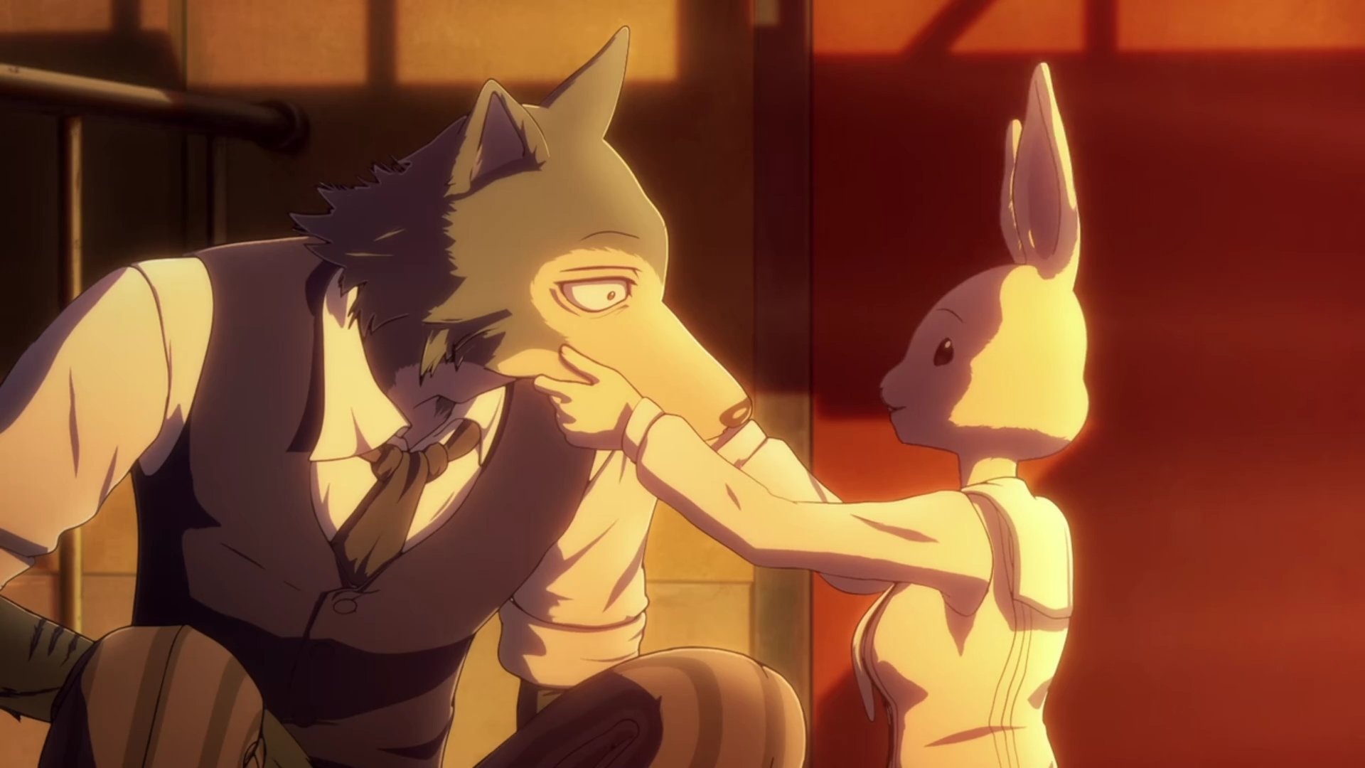 Haru the dwarf rabbit holds Legoshi the gray wolf’s face in Beastars Season 2. Haru the dwarf rabbit holds Legoshi the gray wolf’s face in Beastars Season 2.