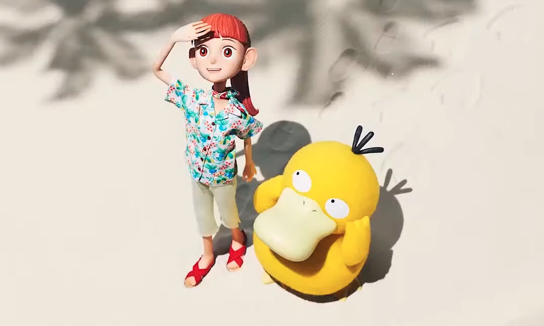 A redheaded woman in a beach resort t-shirt and khakis looks up in the sky from the beach while standing next to psyduck in Pokémon Concierge A redheaded woman in a beach resort t-shirt and khakis looks up in the sky from the beach while standing next to psyduck in Pokémon Concierge