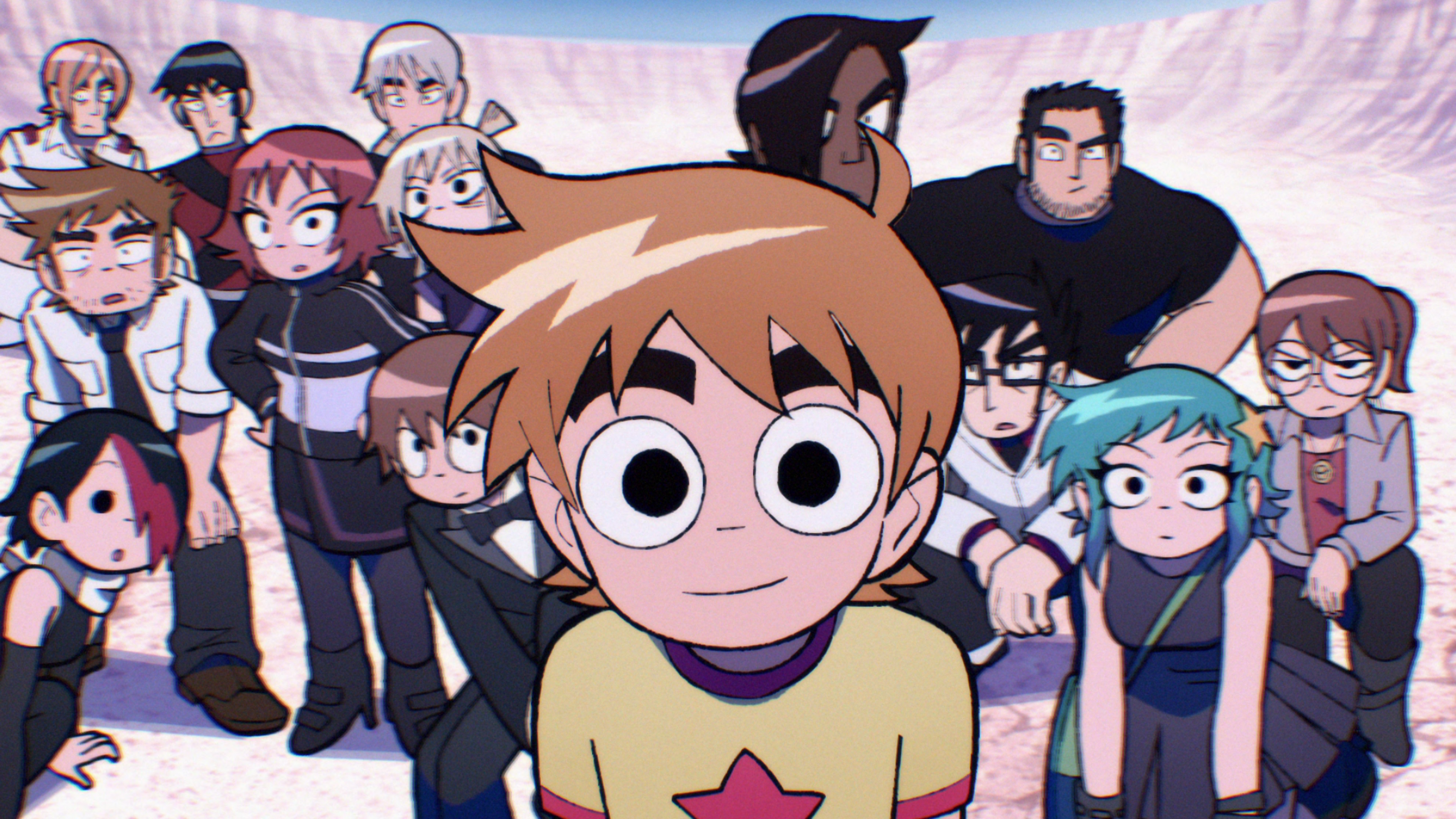 All the main characters in Scott Pilgrim Takes Off stare at the camera while standing in a crater. All the main characters in Scott Pilgrim Takes Off stare at the camera while standing in a crater.