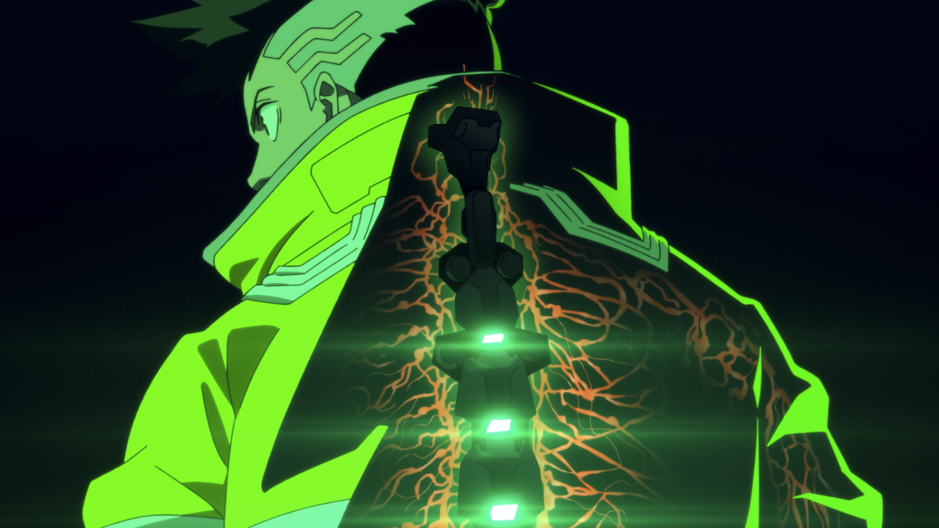 A shot of David from behind, with his robot spine lighting up and illuminating red nerves out from under it, from the anime Cyberpunk Edgerunners A shot of David from behind, with his robot spine lighting up and illuminating red nerves out from under it, from the anime Cyberpunk Edgerunners