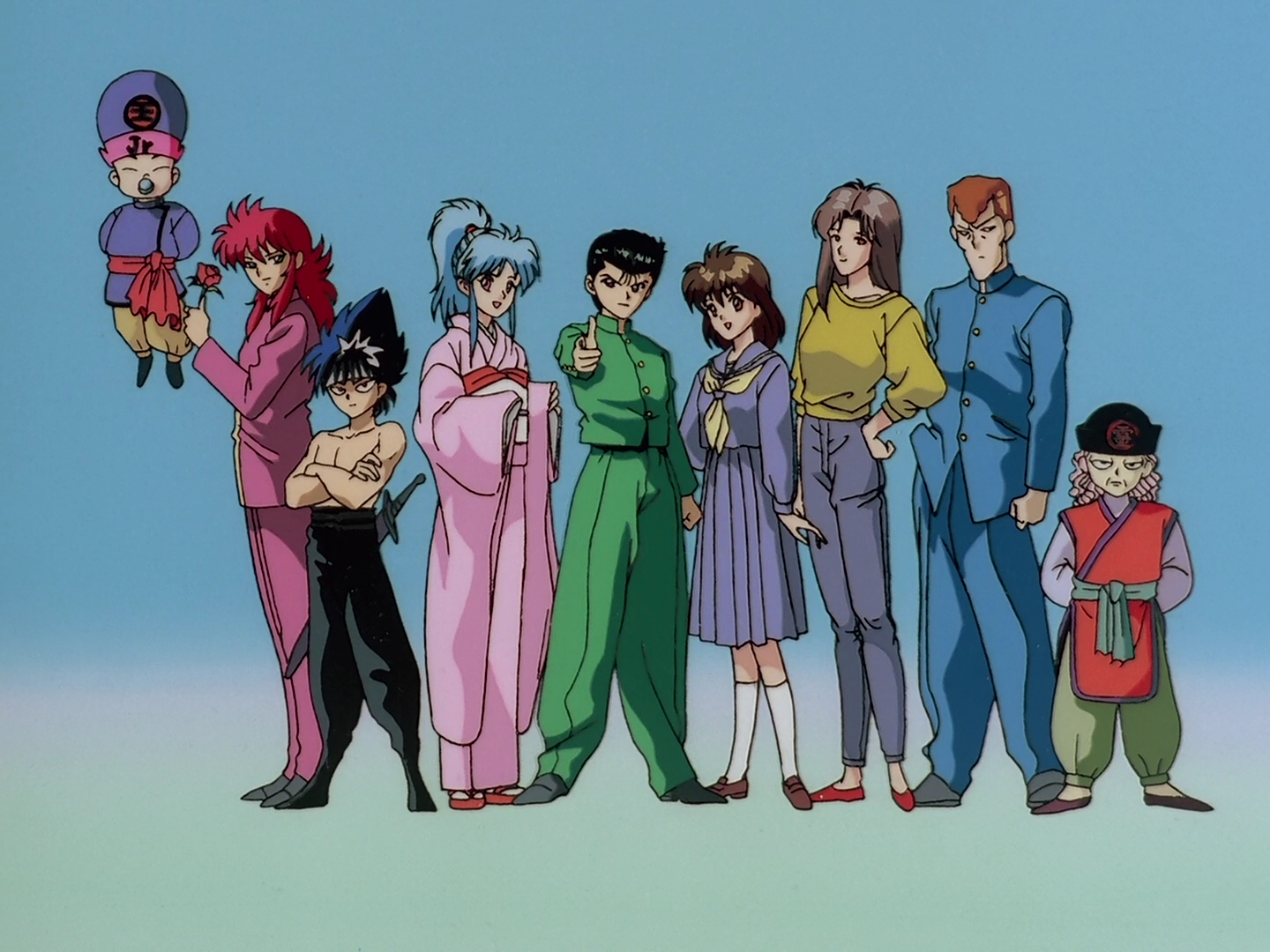 From left: Koenma, Kurama, Hiei, Botan, Yusuke Urameshi, Keiko, Shizuru, Kuwabara, Kazuma Kuwabara, and Genkai from the 1992 Yu Yu Hakusho. From left: Koenma, Kurama, Hiei, Botan, Yusuke Urameshi, Keiko, Shizuru, Kuwabara, Kazuma Kuwabara, and Genkai from the 1992 Yu Yu Hakusho.