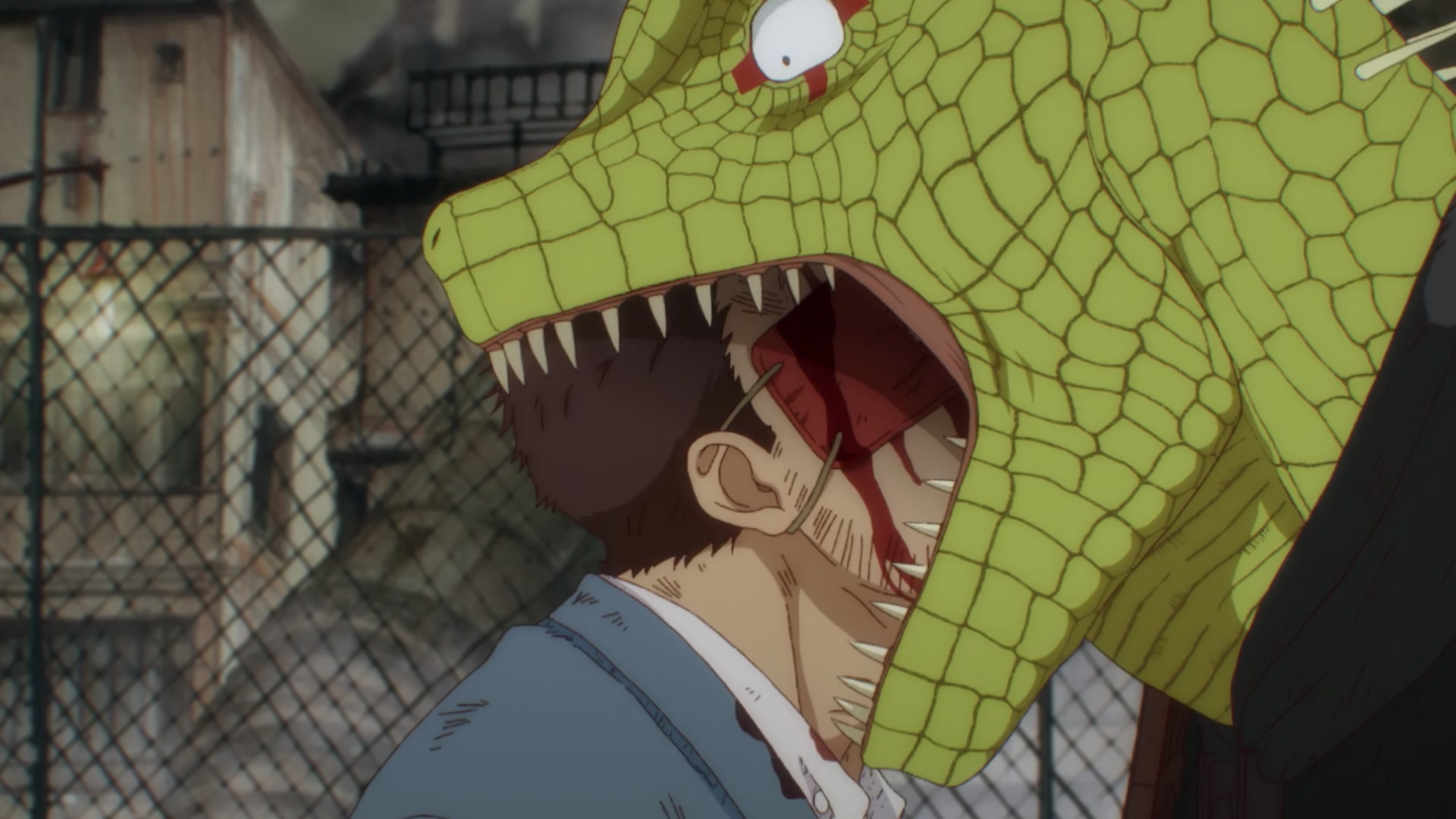 Dorohedoro: A snake man bites the head of a human man Dorohedoro: A snake man bites the head of a human man