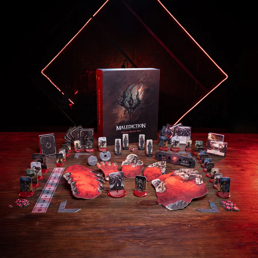 A render of the components for Malediction, including dozens of full-color standees with red bases.