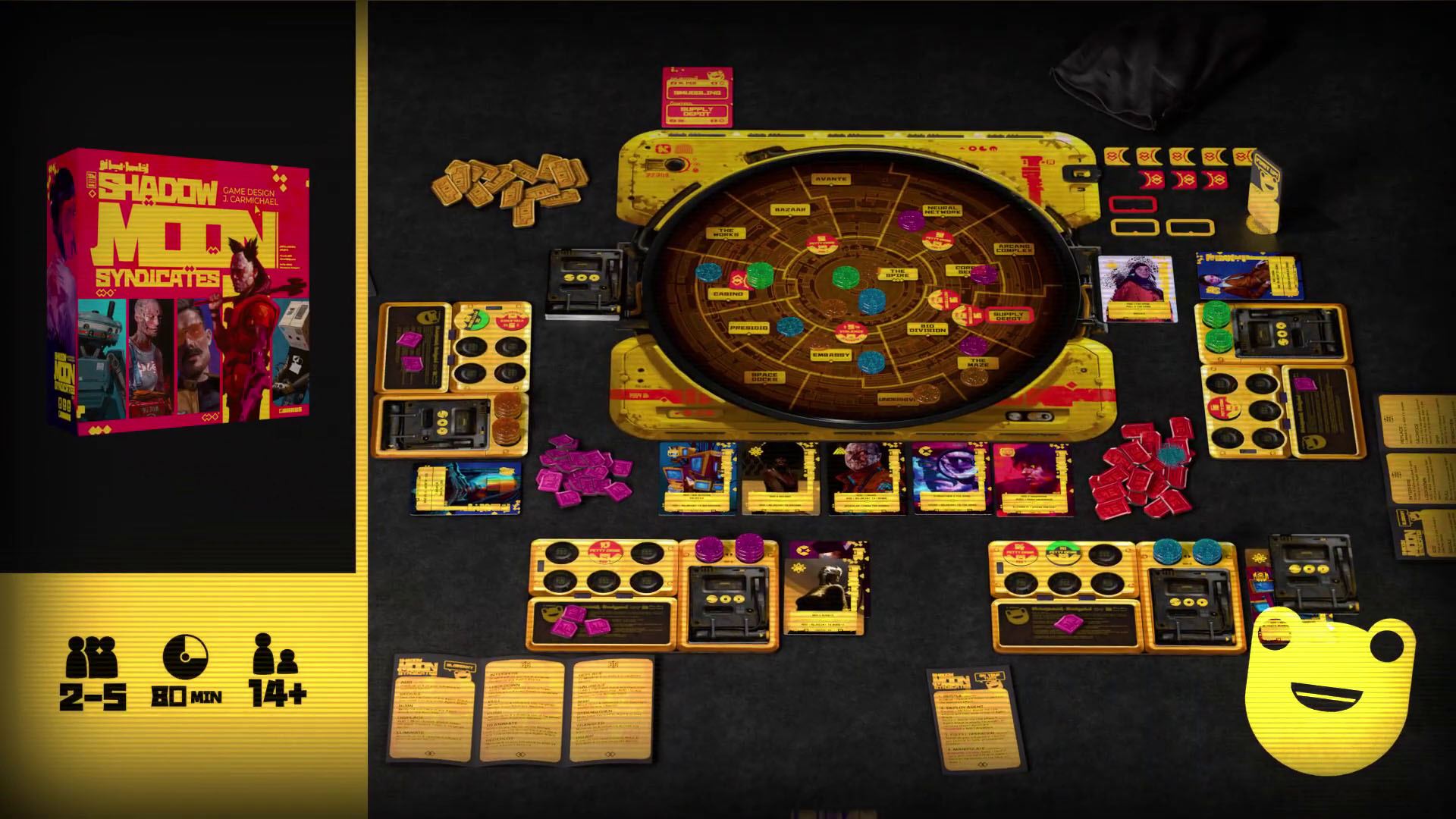 Shadow Moon Syndicate, with lots of yellow and magenta tones, laid out on the table to play. The central board is a circle, with rectangular cards elsewhere.