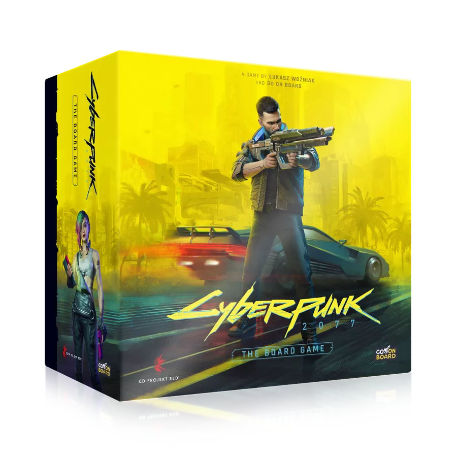 Key art for Cyberpunk 2077: The Board Game is a render of the box with the generic male character from the video game holding a longgun as a car speeds by behind him.