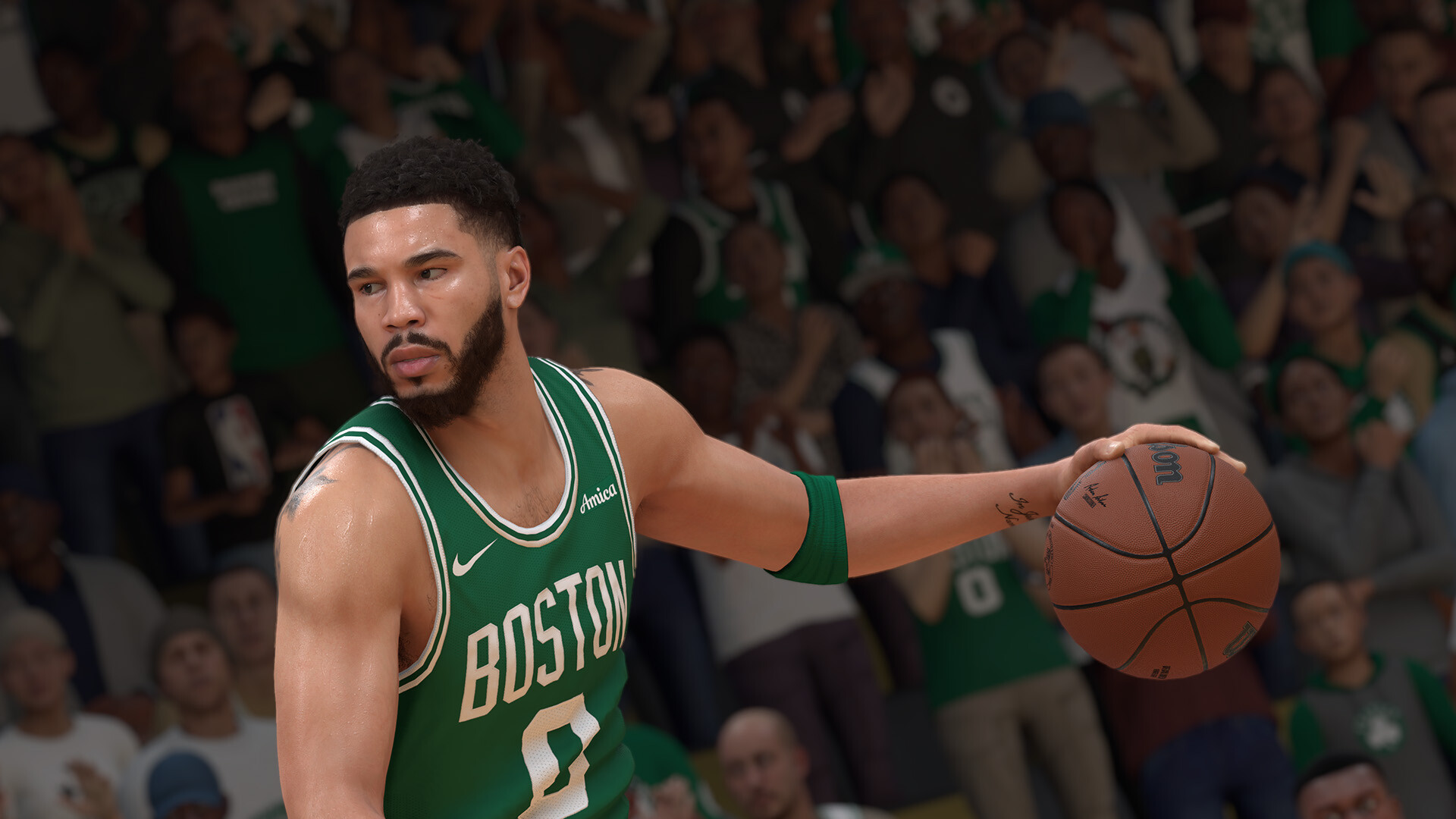 A Boston Celtic player from NBA 2K 25 dribbling a basketball A Boston Celtic player from NBA 2K 25 dribbling a basketball
