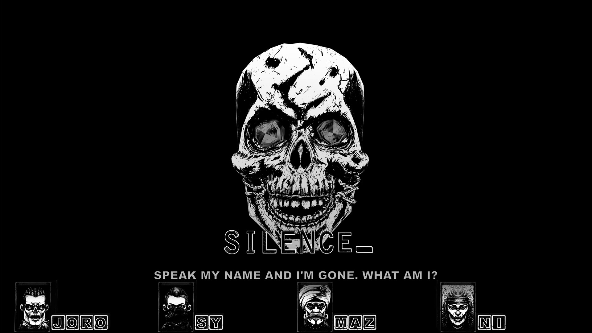 A screenshot of Cryptmaster, showing a skull with jewels for eyes that leers at the camera, giving the puzzle of “Speak my name and I’m gone. What am I?” The player has typed in the word SILENCE. A screenshot of Cryptmaster, showing a skull with jewels for eyes that leers at the camera, giving the puzzle of “Speak my name and I’m gone. What am I?” The player has typed in the word SILENCE.