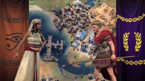 Civilization 7’s representation of Cleopatra of Egypt and Julius Caesar of Rome facing off, with representative banners behind them