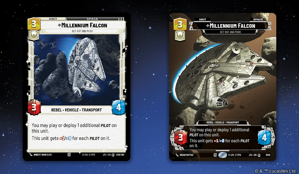 Two images comparing the standard and Carbonite Edition variants of the Millennium Falcon card from Star Wars Unlimited Two images comparing the standard and Carbonite Edition variants of the Millennium Falcon card from Star Wars Unlimited