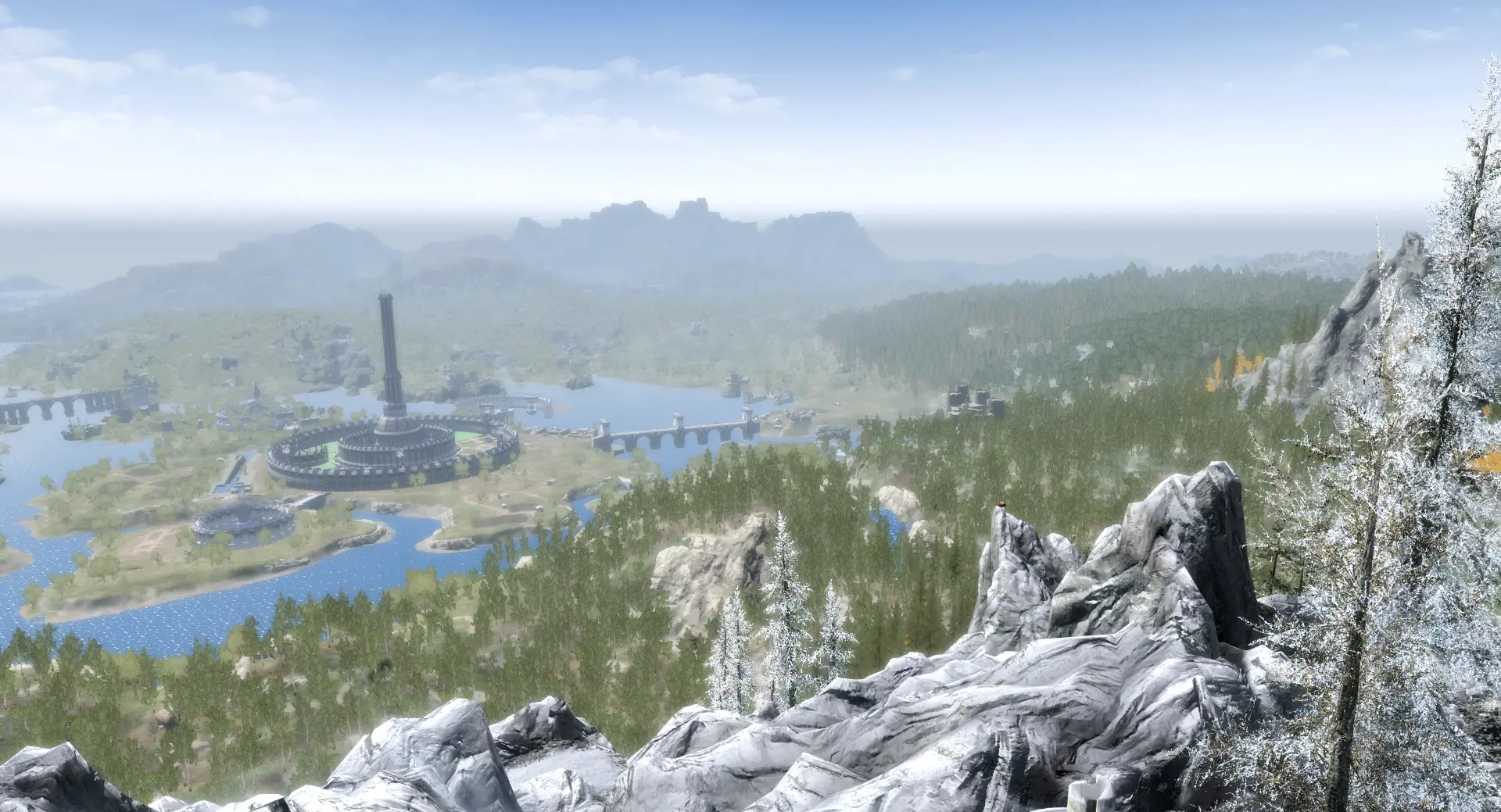 panoramic view of Cyrodil province with imperial city visible in Skyrim engine