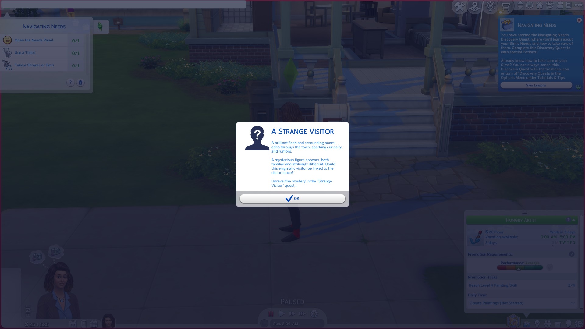 A screenshot showing the quest prompt pop up for A Strange Visitor quest in The Sims 4. There is a button that says “OK” to start the quest. A screenshot showing the quest prompt pop up for A Strange Visitor quest in The Sims 4. There is a button that says “OK” to start the quest.