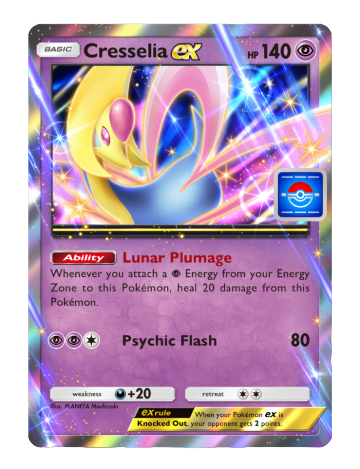 An image showing the Cresselia ex card in Pokemon TCG Pocket. It has the ability Lunar Plumage, which allows you to attach psychic energy from your Energy Zone to Cresselia ex and heal 20 damage. It also has the attack Psychic Flash, which does 80 damage. An image showing the Cresselia ex card in Pokemon TCG Pocket. It has the ability Lunar Plumage, which allows you to attach psychic energy from your Energy Zone to Cresselia ex and heal 20 damage. It also has the attack Psychic Flash, which does 80 damage.