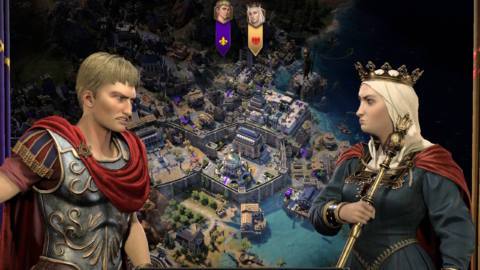 Two leaders stare at each other to in front of a city to fight about the Civ 7 tier list of leaders