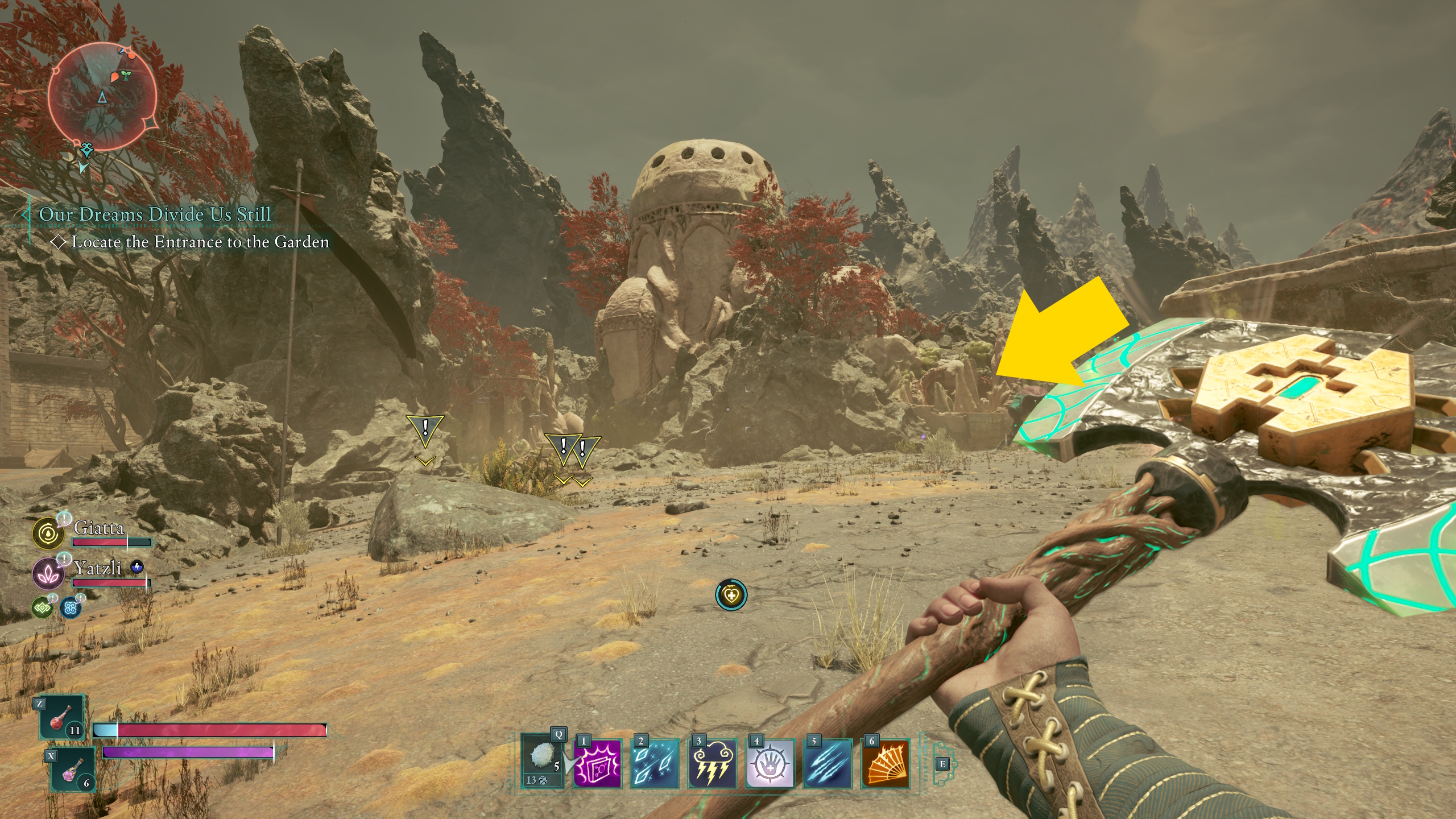 The main character in Avowed looking toward the Writhing Ruins where the Ancient Arrowhead treasure map is