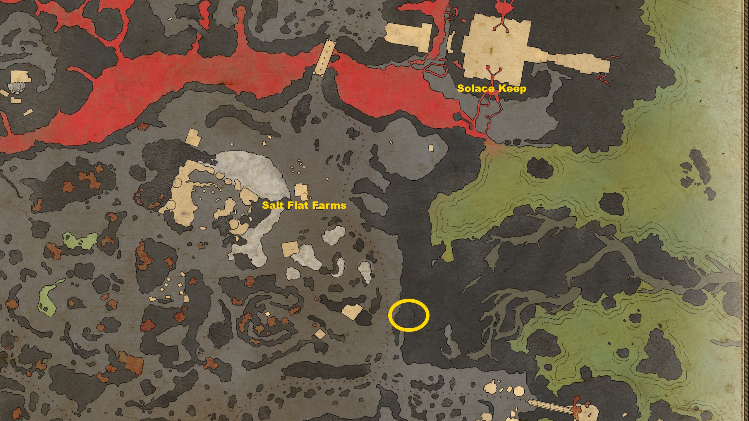 A map image showing where to find the Ancient Arrowhead treasure in Avowed