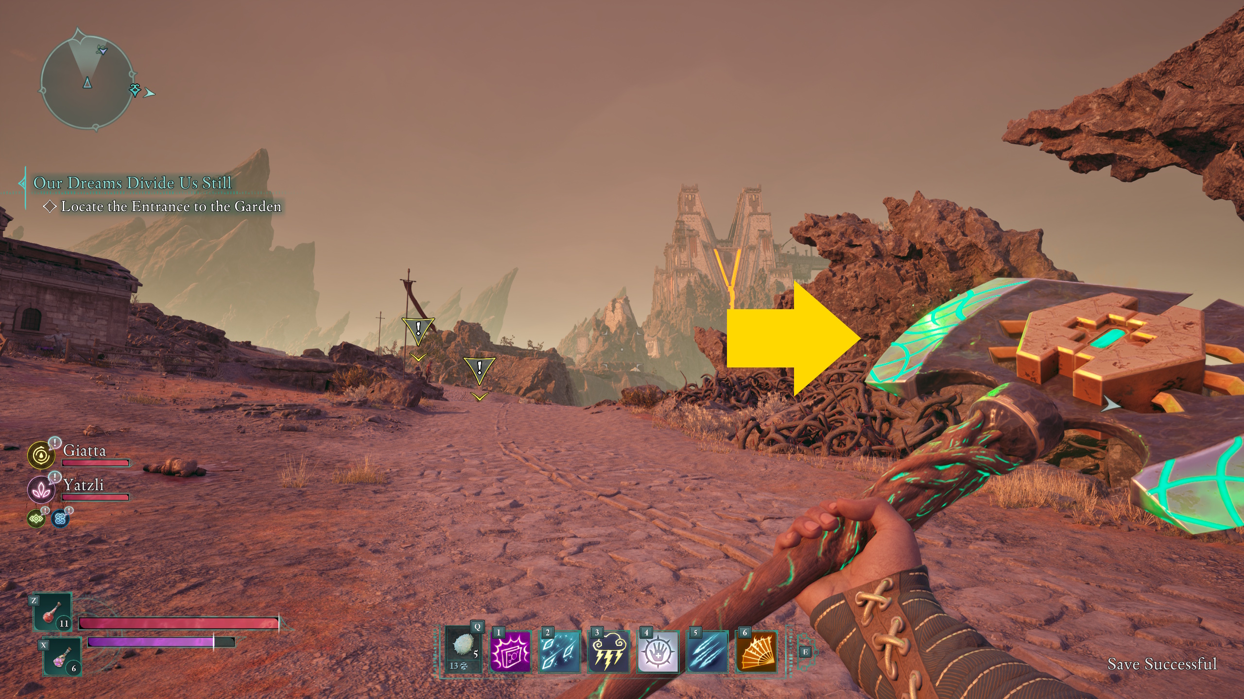 The main character in Avowed, facing north in the Salt Flat Farms region. An arrow points right toward the Ancient Arrowhead treasure location