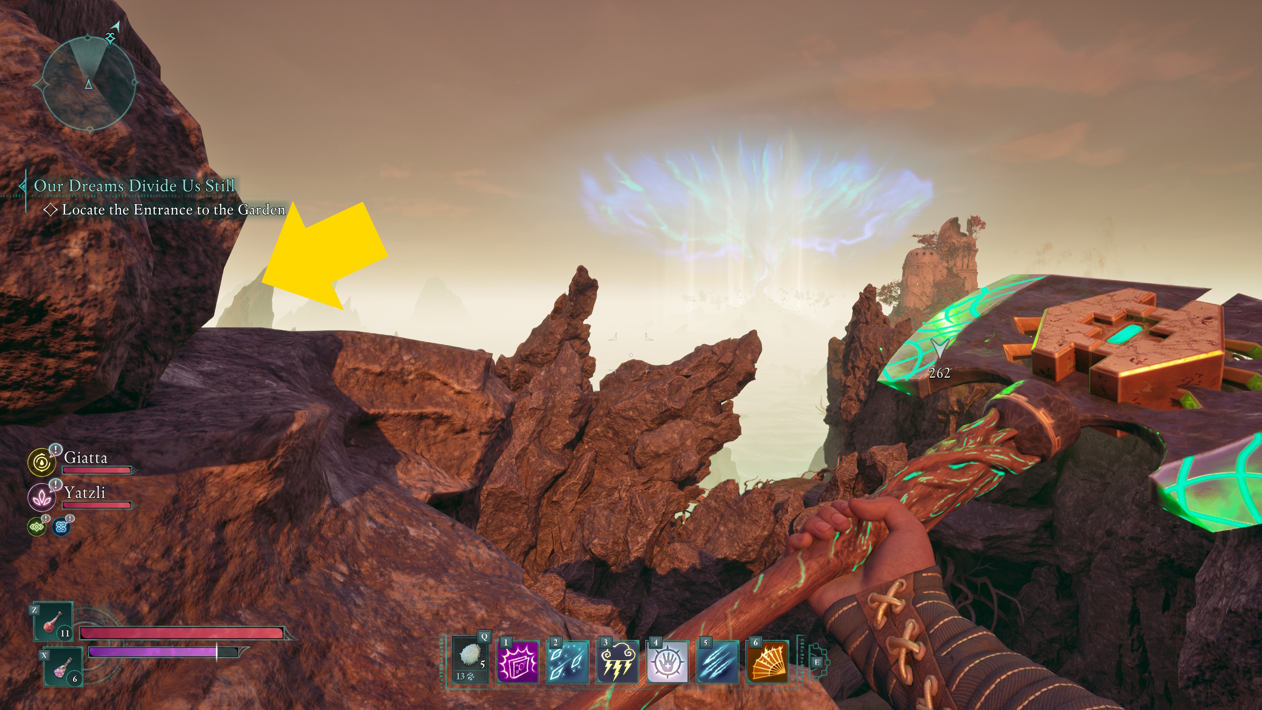 The main character in Avowed facing The Garden, while an arrow points toward the Ancient Arrowhead treasure location