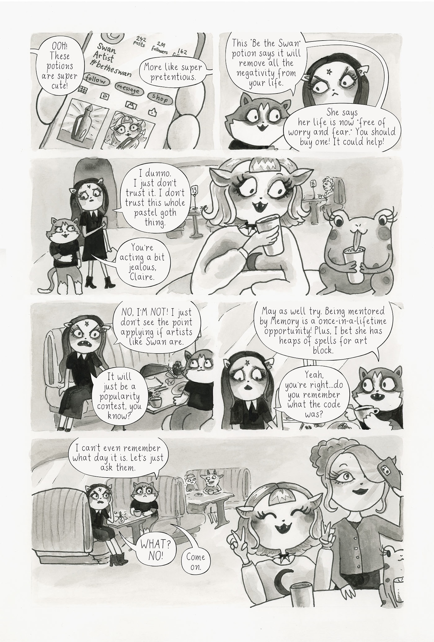 A cat girl and her cat familiar discussing covens in The Summoning, with the cat girl saying that applying to covens is a “popularity contest” A cat girl and her cat familiar discussing covens in The Summoning, with the cat girl saying that applying to covens is a “popularity contest”