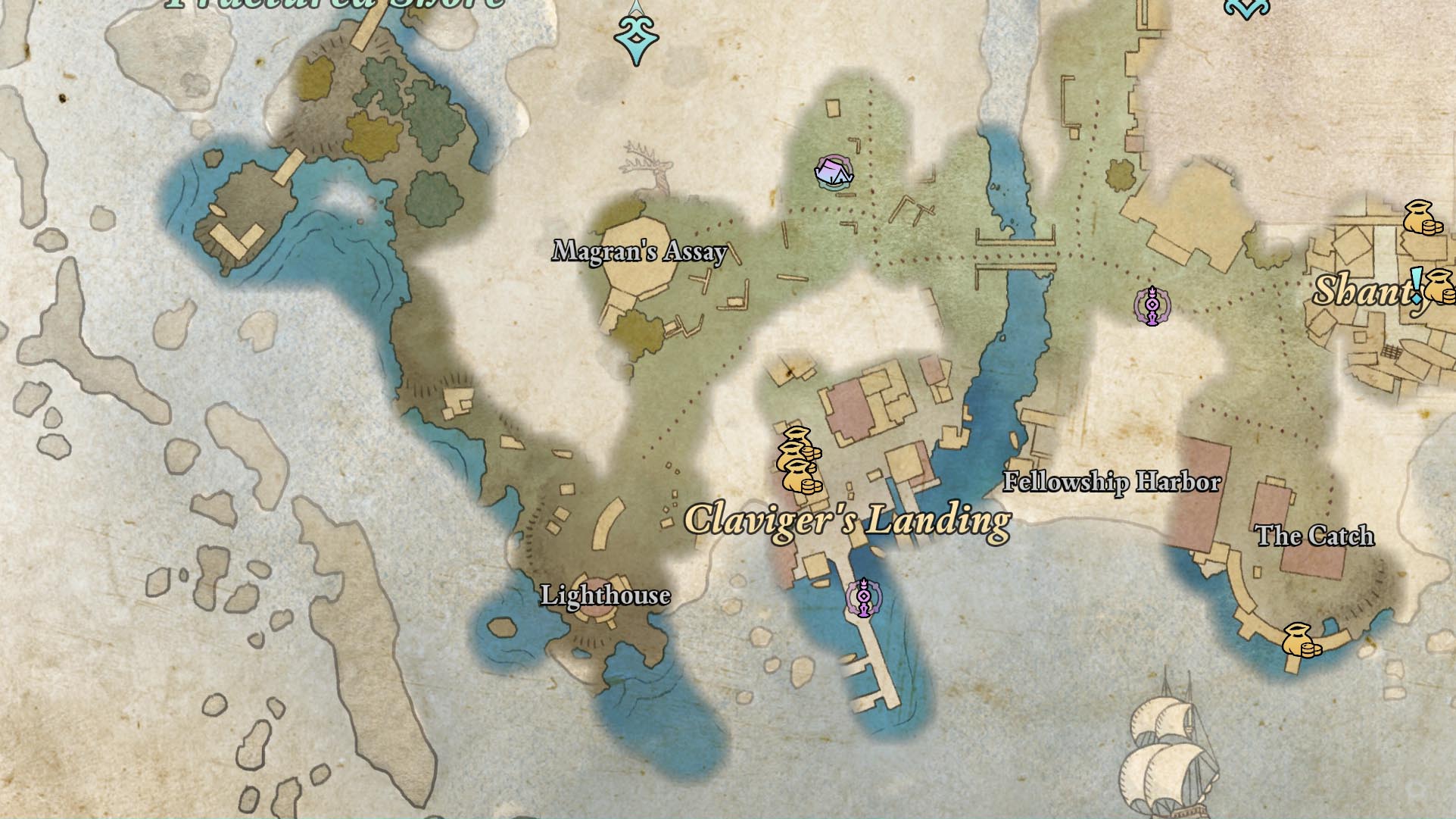 A map images shows the location of Captain Henqua’s Spoils in Dawnshore in Avowed