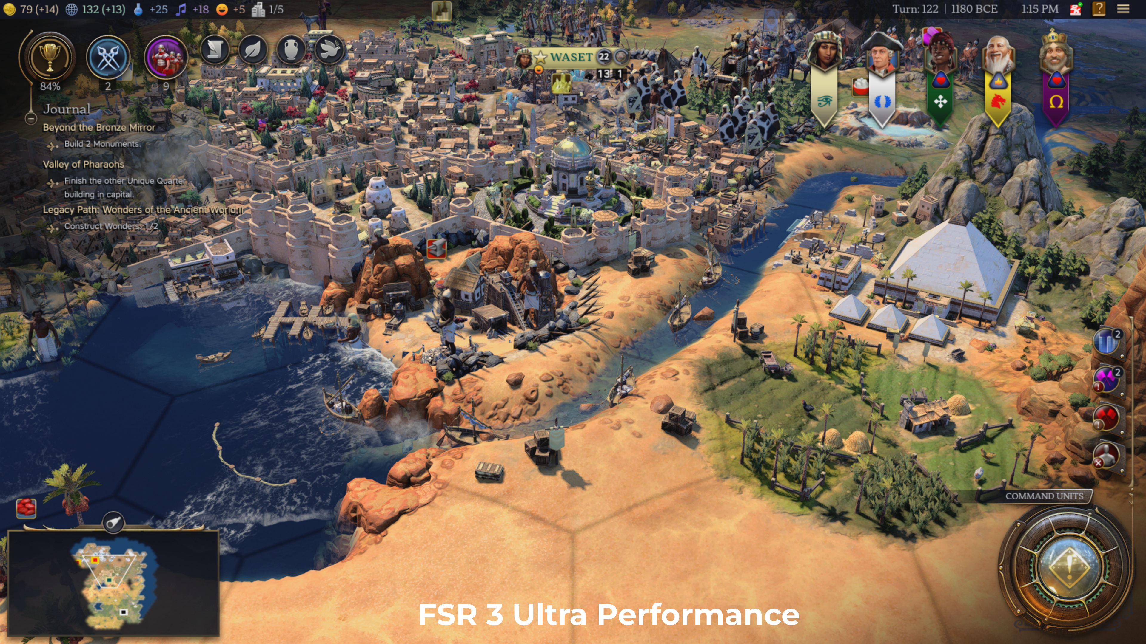 A screenshot from Civilization 7, showing the impact of anti-aliasing on the game's graphics