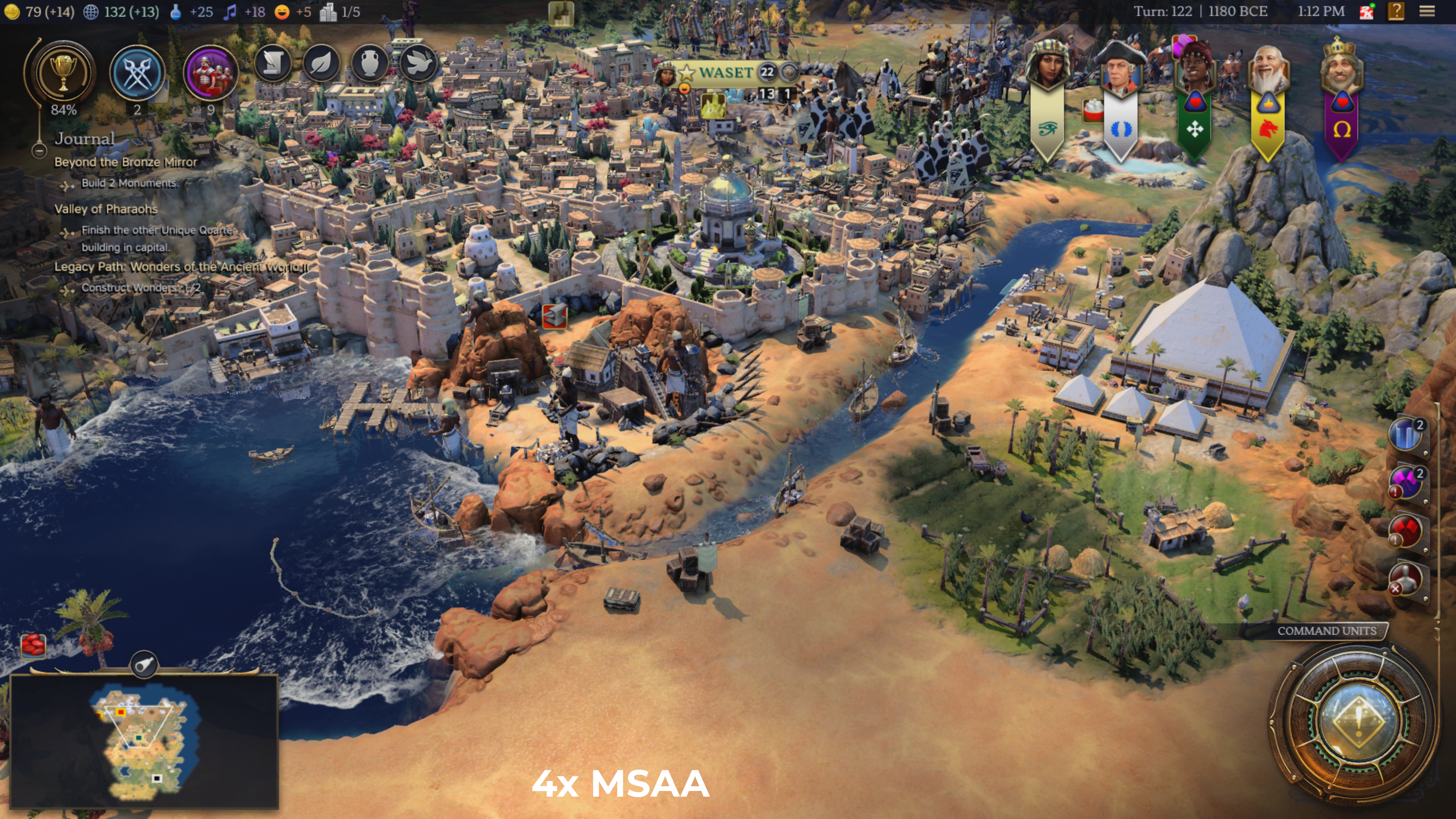 A screenshot from Civilization 7, showing the impact of anti-aliasing on the game's graphics