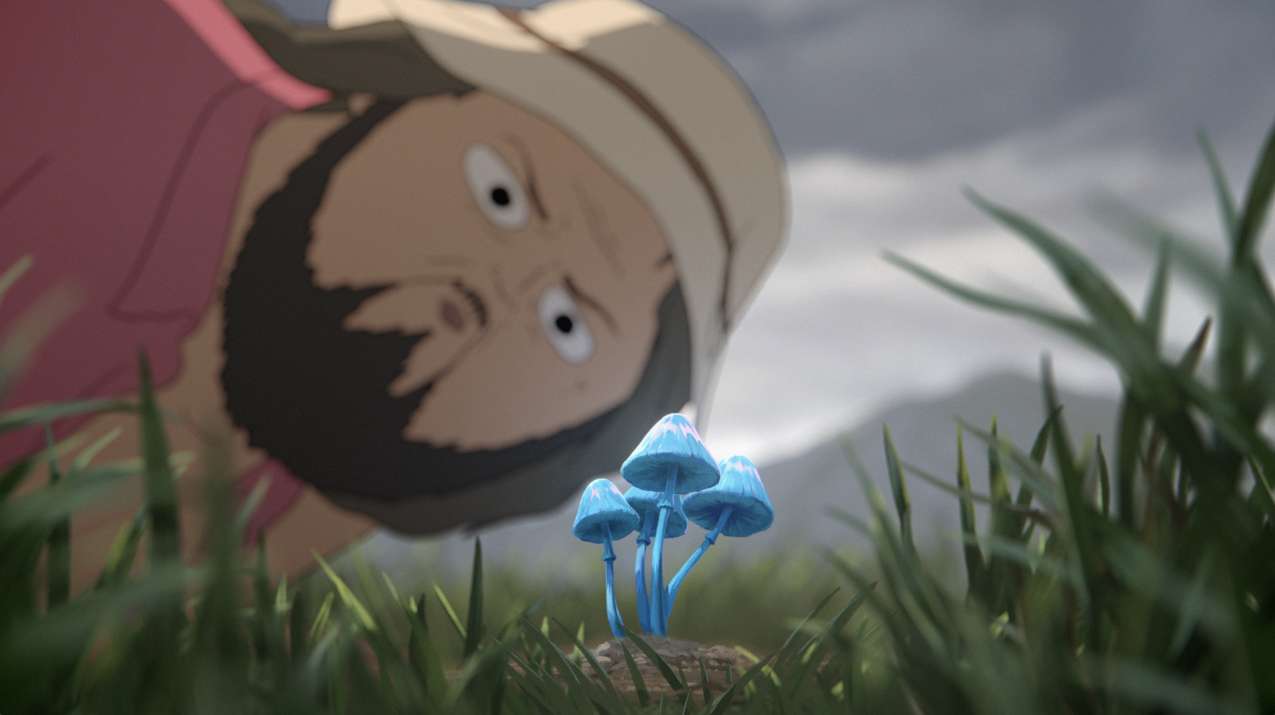 Marshall bending down to look closer at glowing blue mushrooms in the foreground in a still from Common Side Effects Marshall bending down to look closer at glowing blue mushrooms in the foreground in a still from Common Side Effects