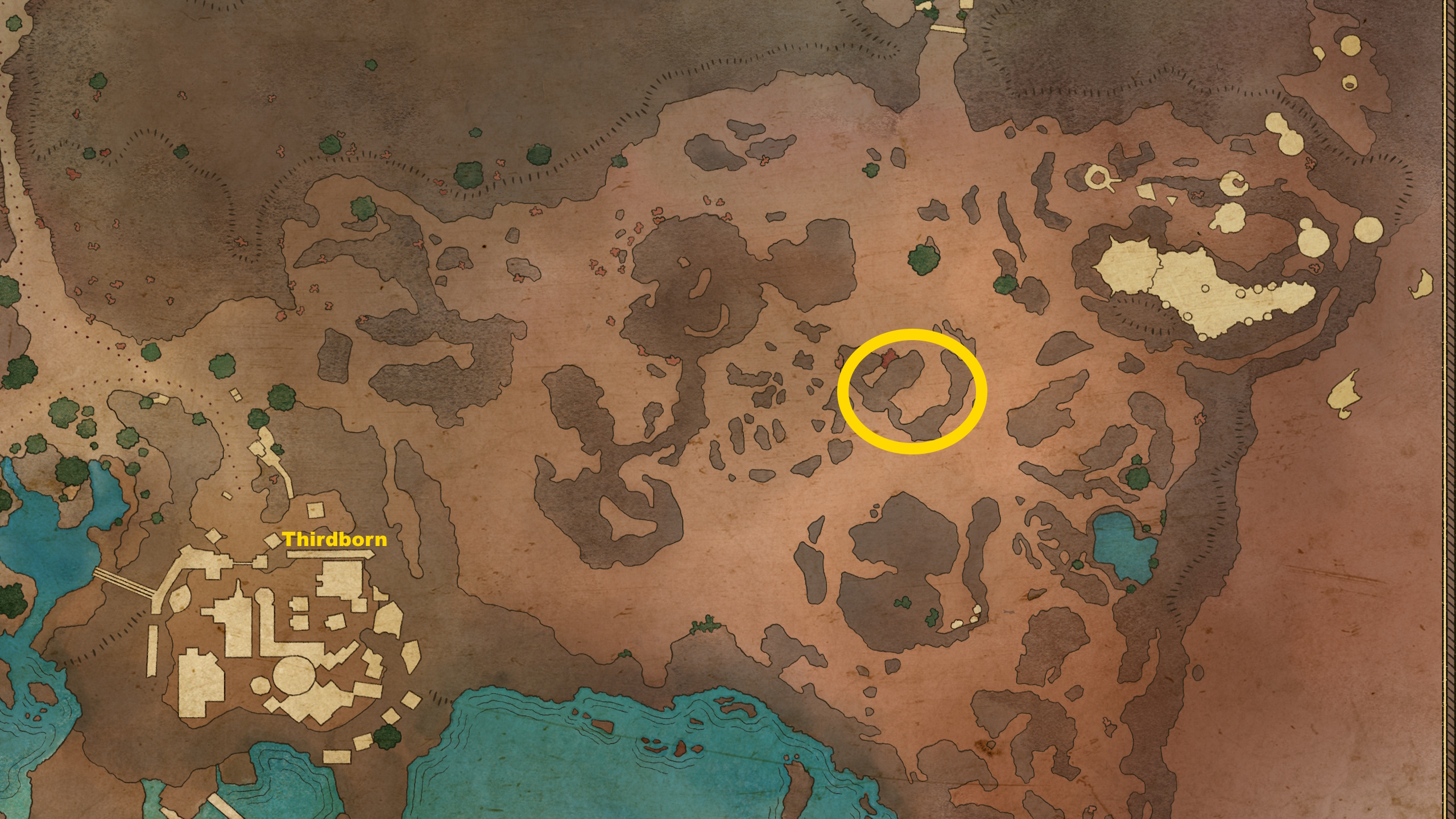 A map image showing where to find the Dead Man’s Mail treasure map in Avowed