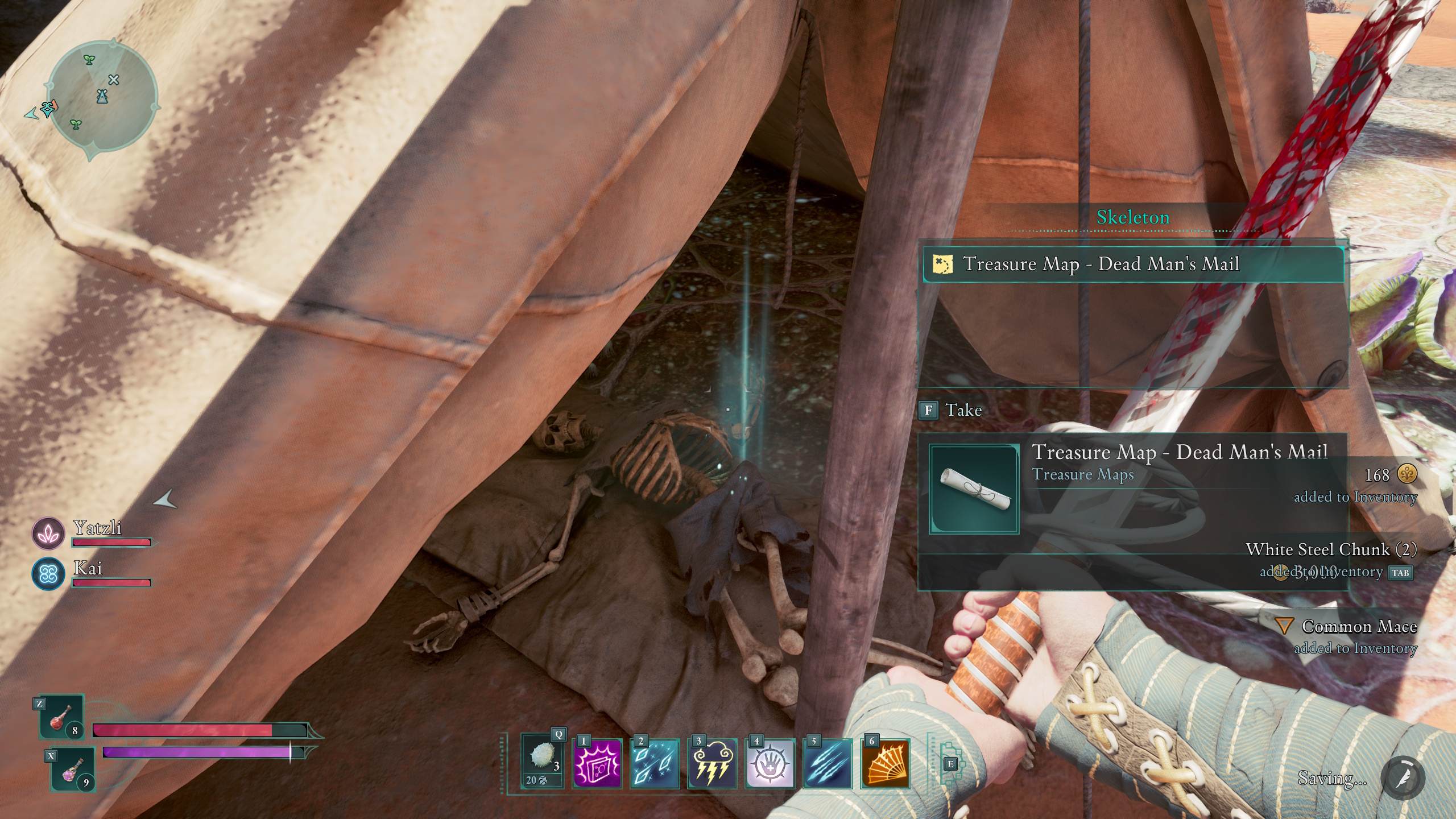The main character in Avowed, looting the Dead Man’s Mail map from a skeleton in a tent