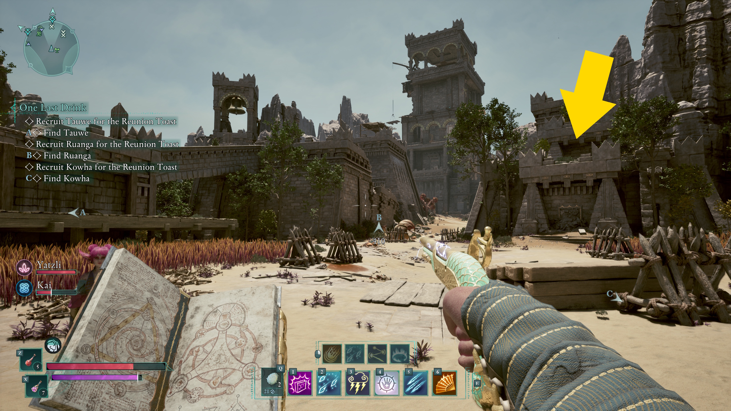 The main character of Avowed looking at Tago’s Tower near the Dead Man’s Mail treasure