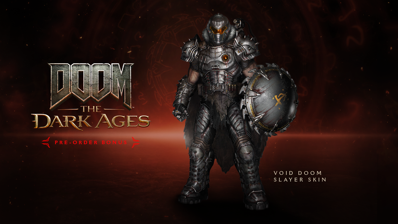 Key art displaying the Void Doom Slayer Skin pre-order bonus for Doom: The Dark Ages