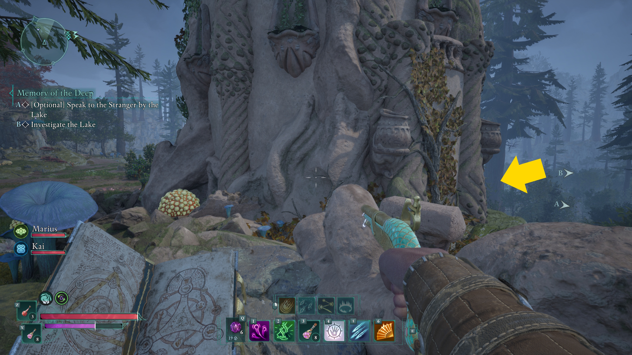 An arrows points toward the right direction in Emerald Stair to find the Earthly Aegis treasure map solution in Avowed An arrows points toward the right direction in Emerald Stair to find the Earthly Aegis treasure map solution in Avowed