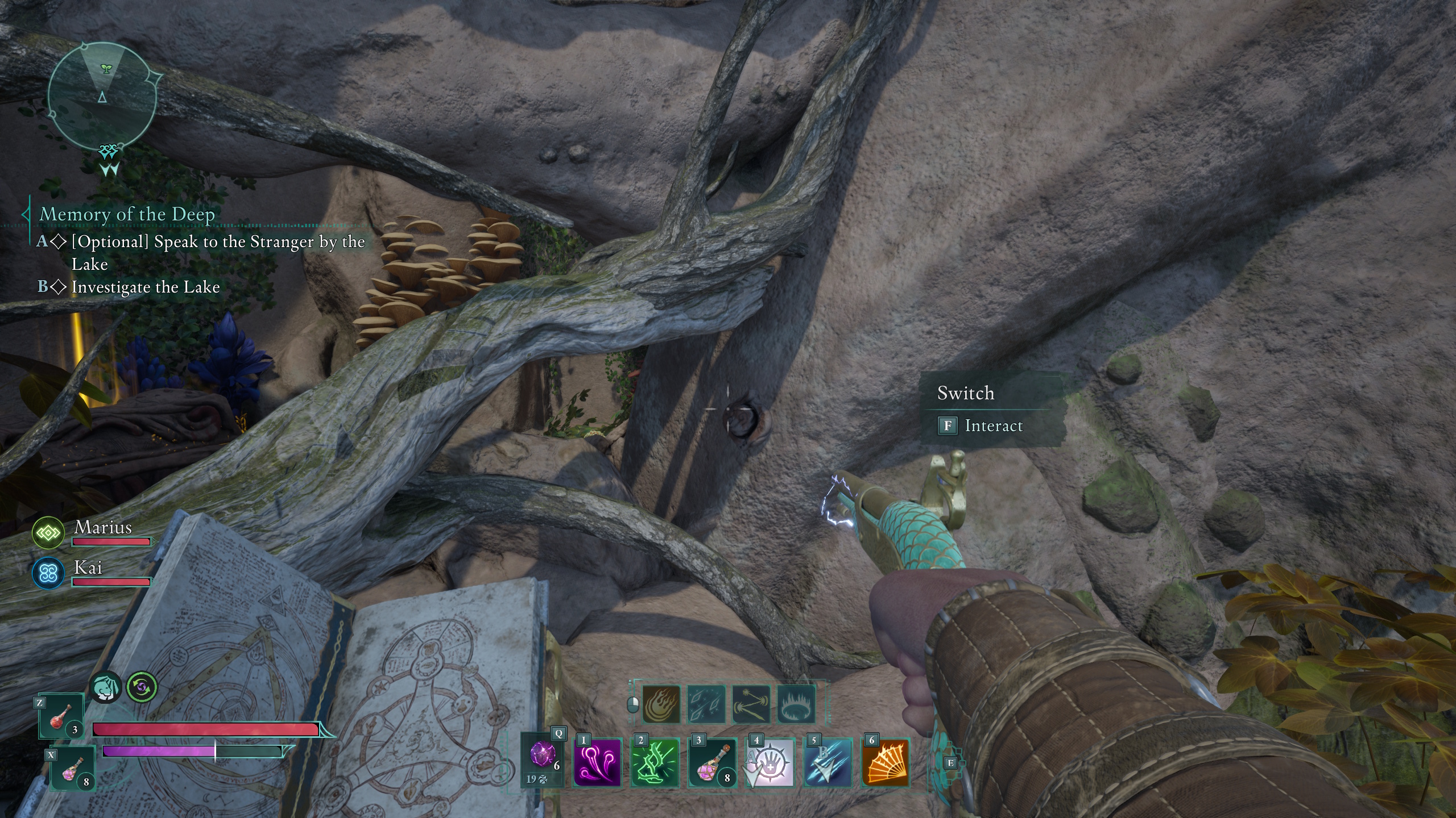 The Avowed main character walks toward the Earthly Aegis treasure map solution in Emerald Stair The Avowed main character walks toward the Earthly Aegis treasure map solution in Emerald Stair