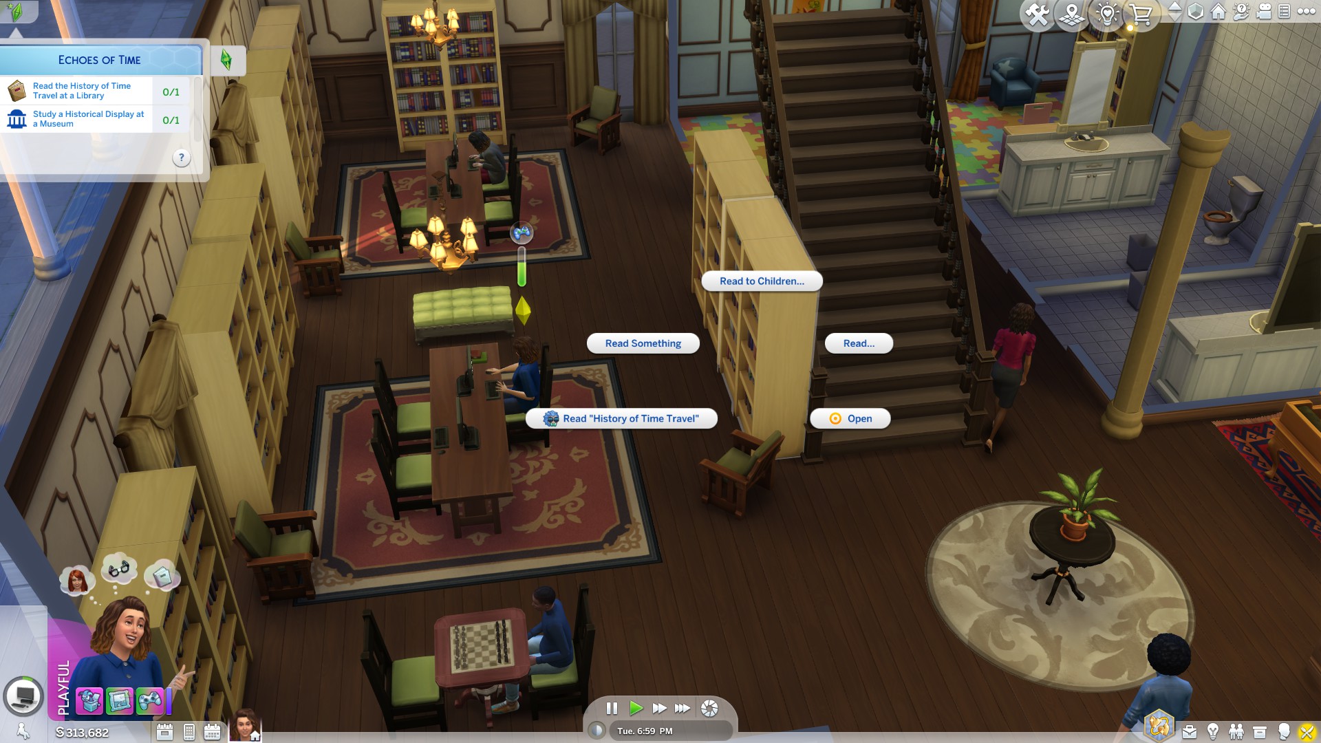 An image showing Sims at the library in The Sims 4. An image showing Sims at the library in The Sims 4.