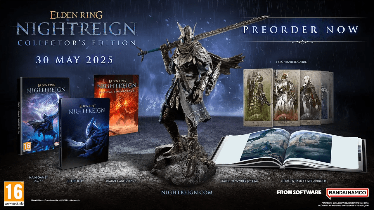 A stock image of the contents featured in the collector’s edition of Elden Ring Nightreign — art books, tarot cards, and a character figure A stock image of the contents featured in the collector’s edition of Elden Ring Nightreign — art books, tarot cards, and a character figure