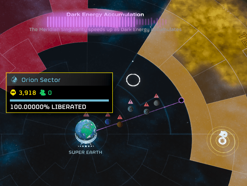 A screenshot of the Galactic Map in Helldivers as of Feb. 13, showing the Meridia Singularity’s path through five planets towards Super Earth