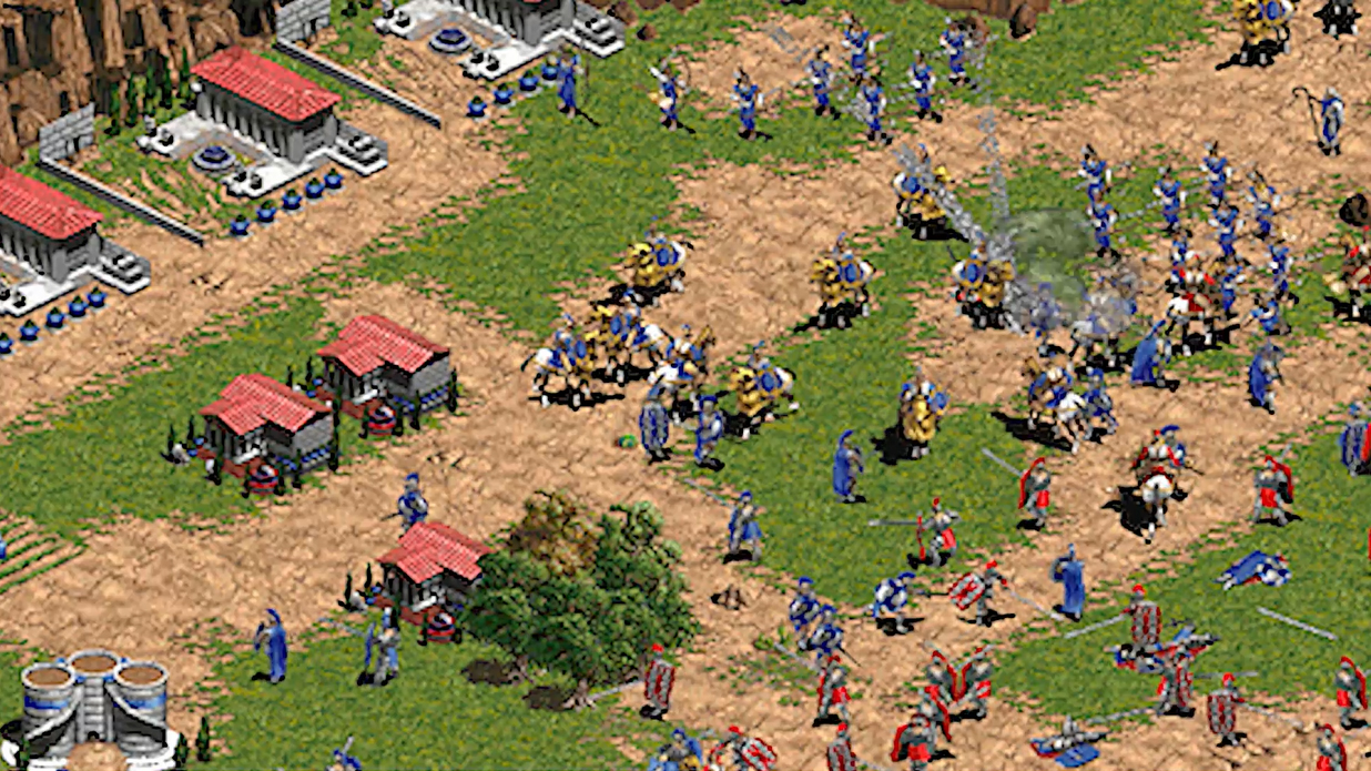 A battle between blue and red in Age of Empires