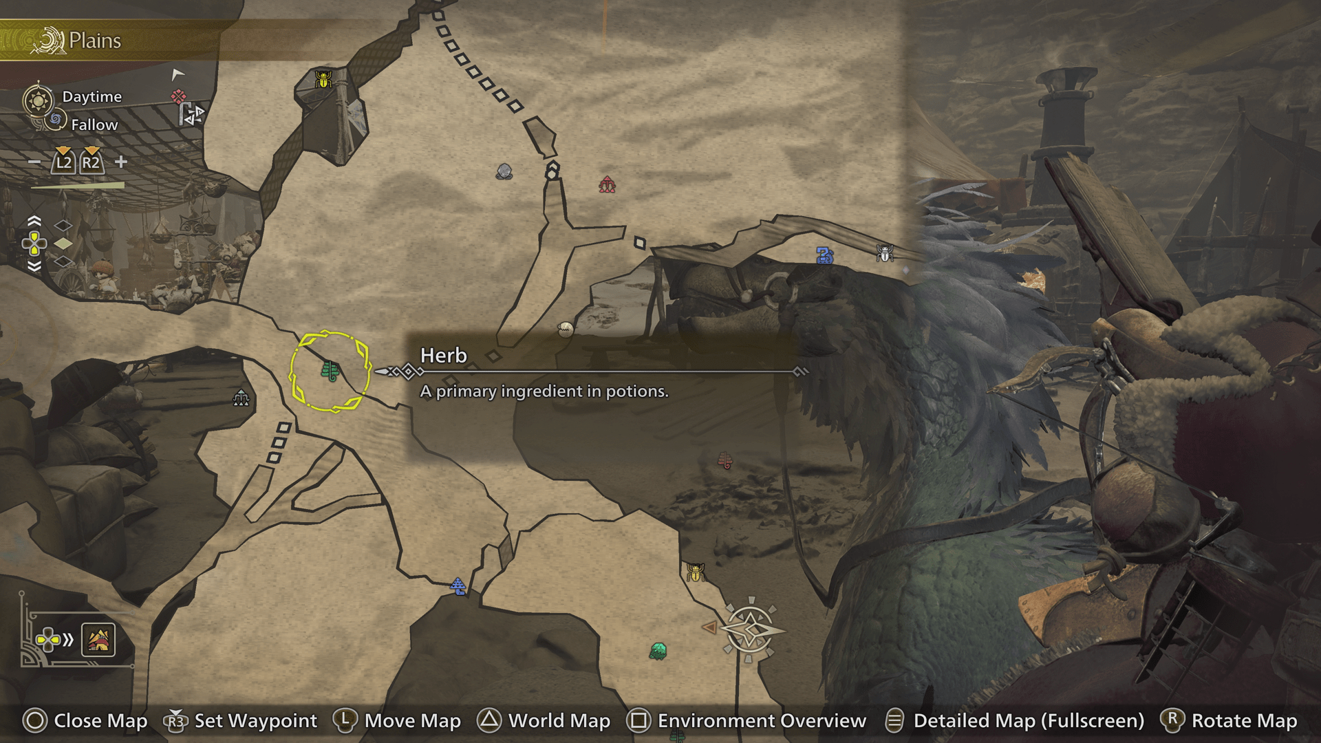 An image of a map in Monster Hunter Wilds. The cursor is focused on a small green plant icon labeled: “herb.” An image of a map in Monster Hunter Wilds. The cursor is focused on a small green plant icon labeled: “herb.”