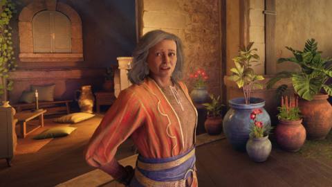 The Watcher stands in front of some pots in Avowed