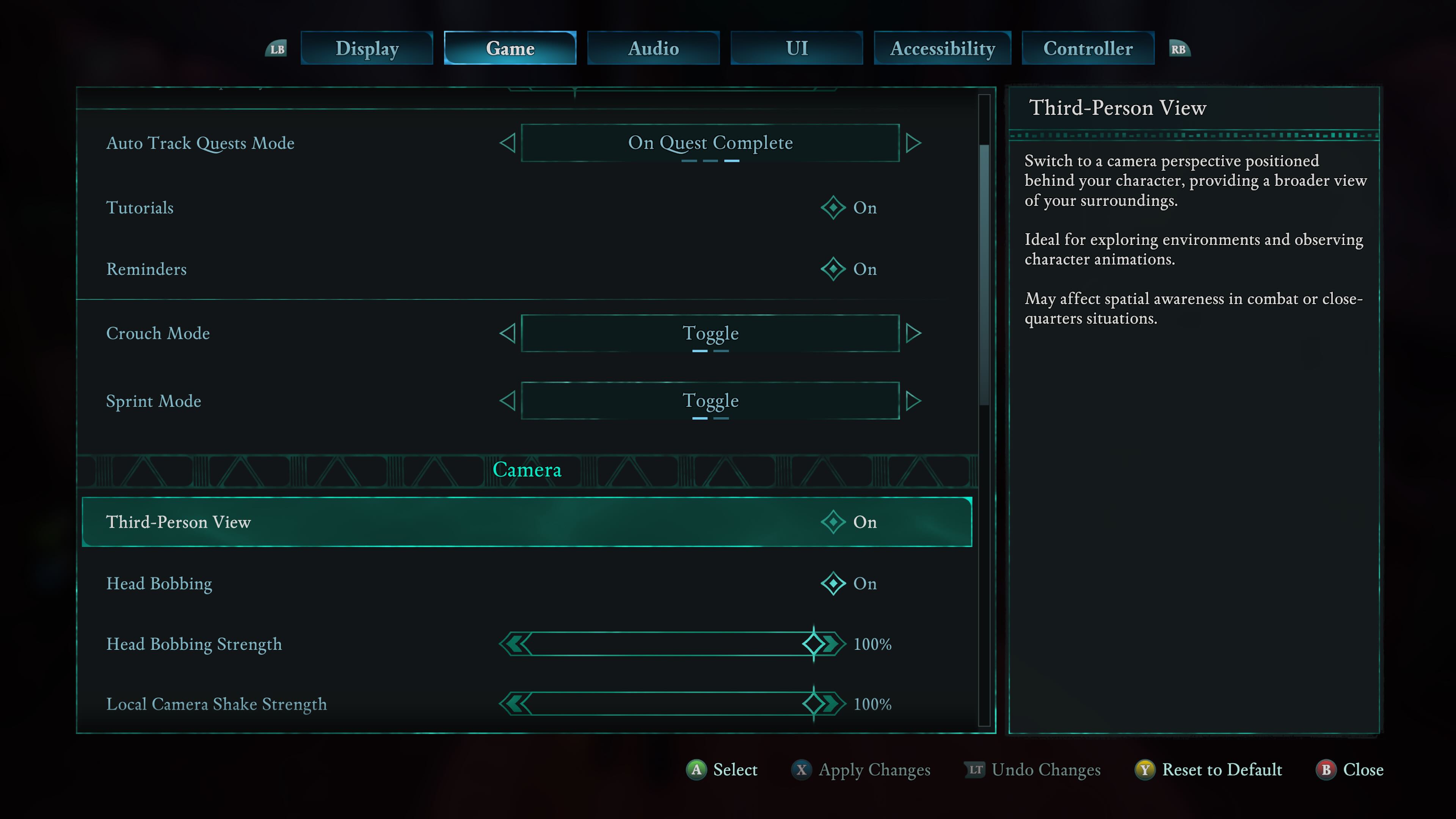 A menu shows how to switch to third-person perspective in Avowed