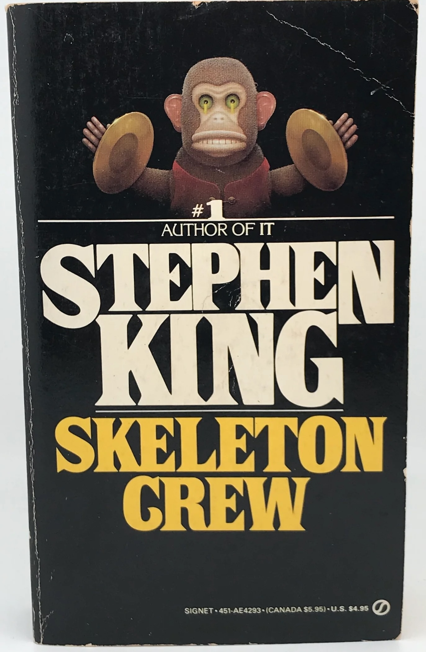 Signet Books’ paperback cover of Skeleton Crew, with stylized drawn art of the wind-up cymbal-holding monkey above the title Signet Books’ paperback cover of Skeleton Crew, with stylized drawn art of the wind-up cymbal-holding monkey above the title