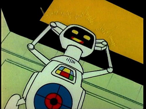 A screenshot of HERBIE from The New Fantastic Four animated TV show. He is a small white robot with yellow glowing eyes and multicolored buttons on his torso
