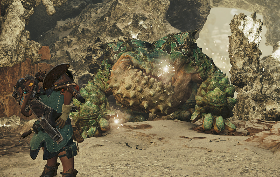 A giant frog creature attempts to eat a Hunter in Wilds A giant frog creature attempts to eat a Hunter in Wilds